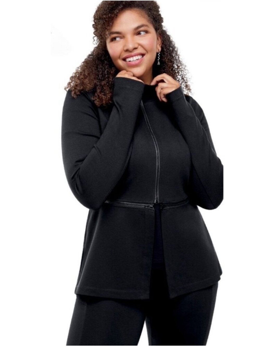 CAbi Relax Zip Off Thumbhole Peplum Jacket S Black Active Convertible Ponte Crop